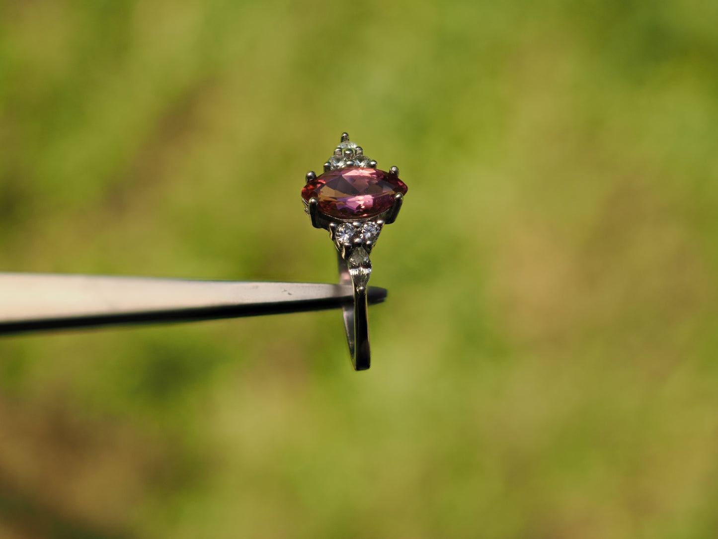 Sterling Silver Marquise-Cut Pink Tourmaline Ring with Zircon Accents
