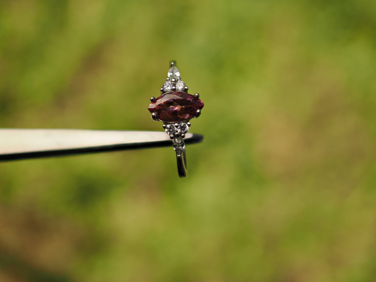 Sterling Silver Marquise-Cut Pink Tourmaline Ring with Zircon Accents