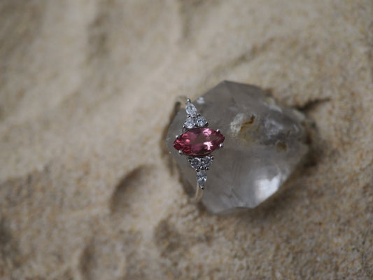 Platinum-Plated Sterling Silver Marquise-Cut Pink Tourmaline Ring with Zircon Accents