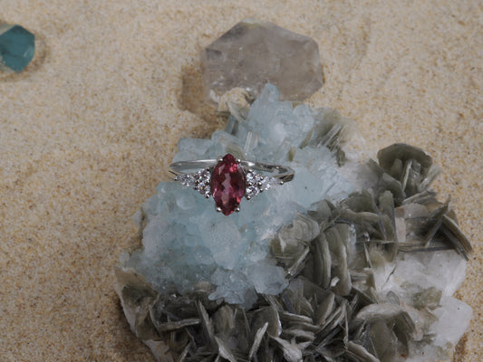 Platinum-Plated Sterling Silver Marquise-Cut Pink Tourmaline Ring with Zircon Accents