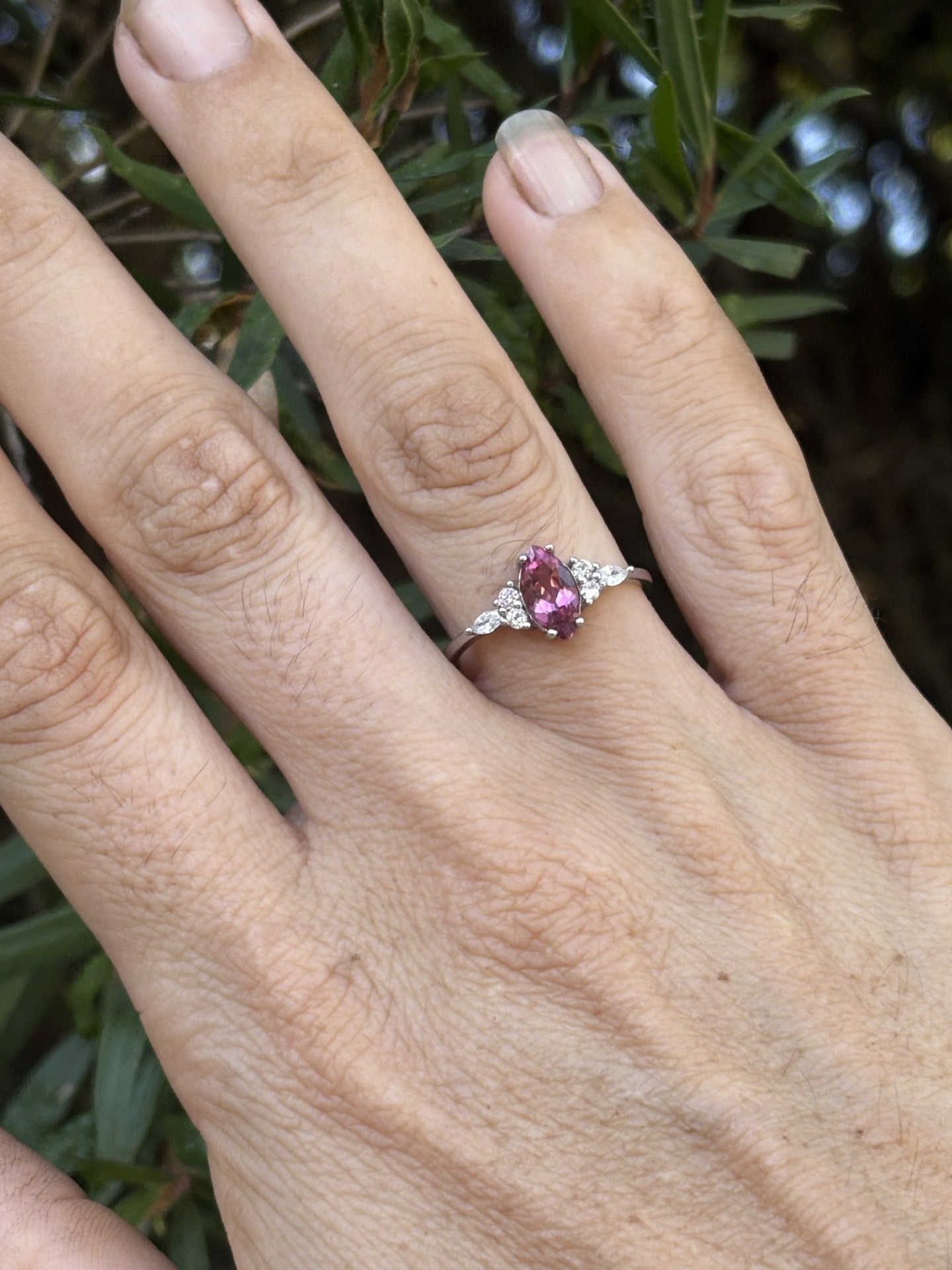 Platinum-Plated Sterling Silver Marquise-Cut Pink Tourmaline Ring with Zircon Accents