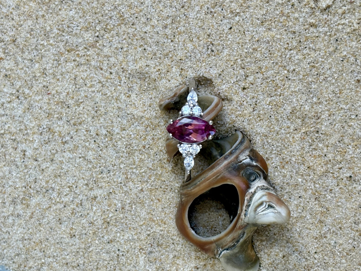 Platinum-Plated Sterling Silver Marquise-Cut Pink Tourmaline Ring with Zircon Accents